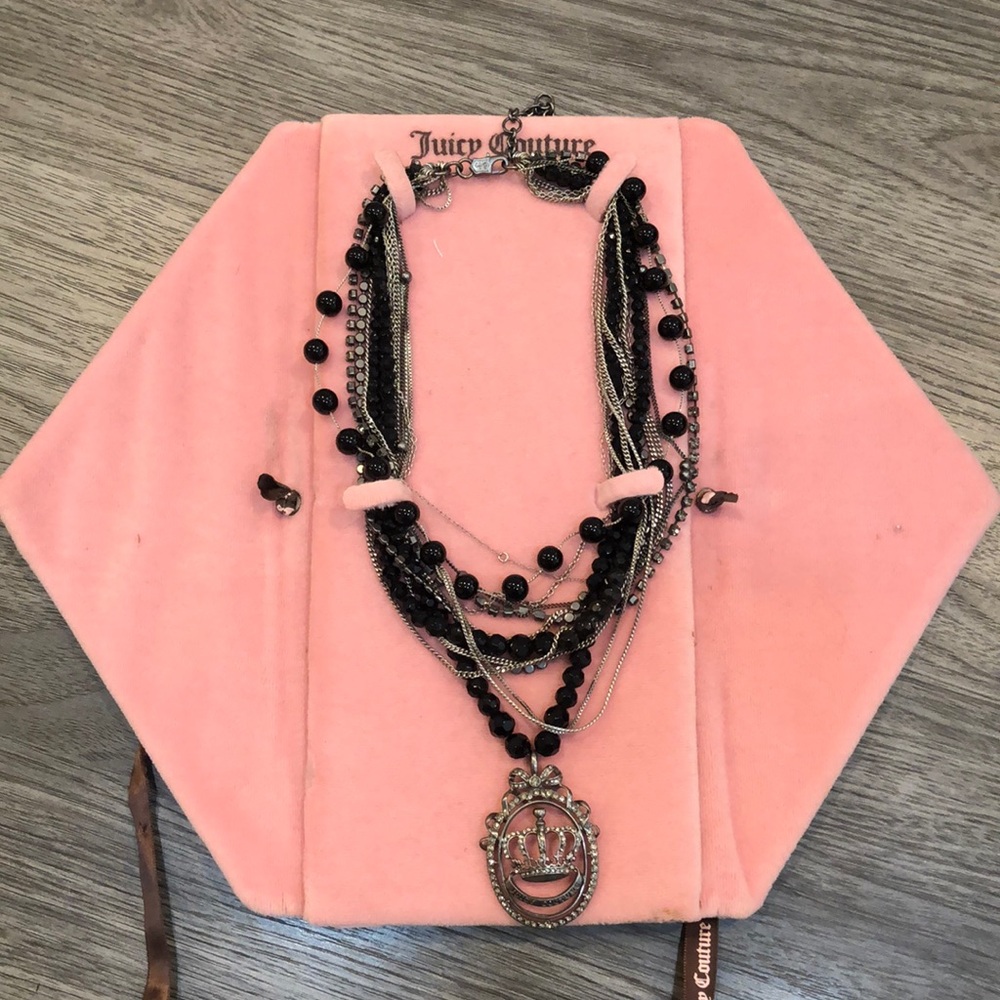 Juicy Couture, Multi Layer Black Rhinestone Crown Pendant Statement Necklace